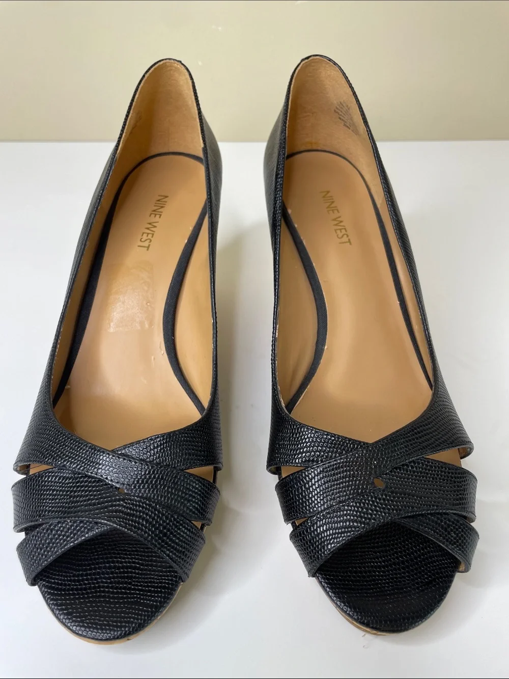NINE WEST Black Pebble Leather JELICA Open-Toe Cork Wedge Pumps 10